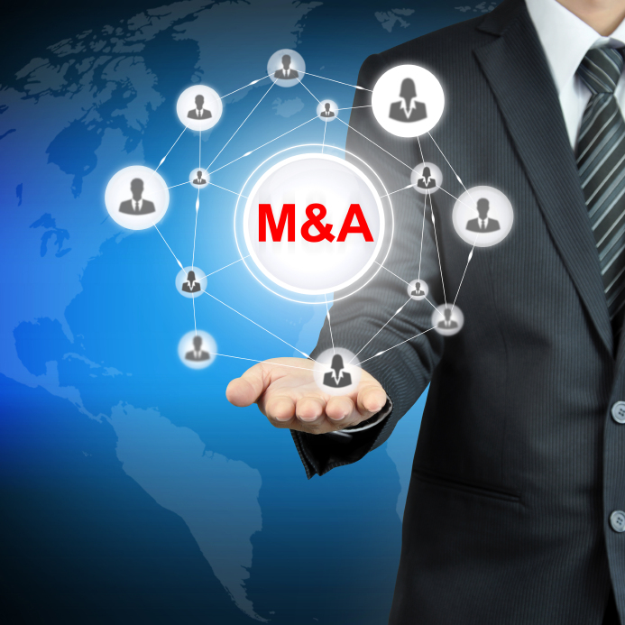 M&A (Merger & acquisition) sign with people icon linked as network on businessman hand